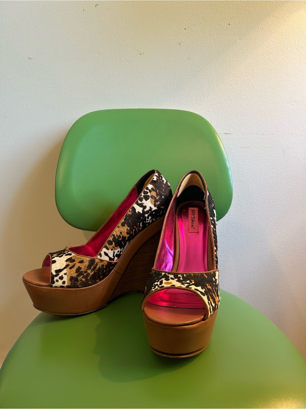 Betsey Johnson Leopard Print Peep-Toe Platform Wedges with Pink Lining